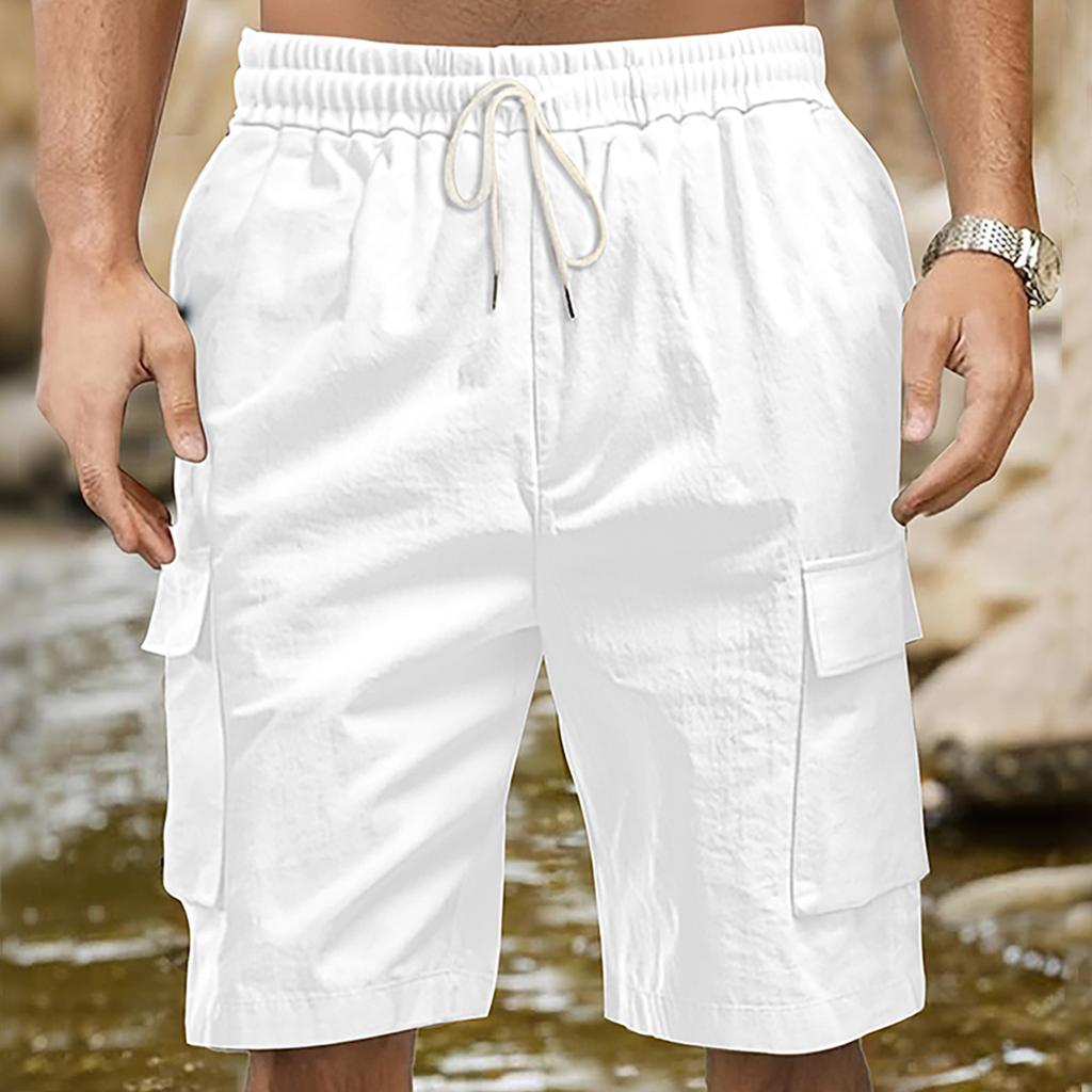 Arbetsbyxor med många fickor, Utomhussporter och Fritidsbyxor, Löst sittande Shorts, Enfärgade Trekvartsbyxor för Herr