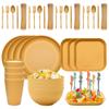 48pcs Plate Sets Wheat Straw Eco-Friendly Ramen Bowl Tableware Dinner Dishes Set Camping Tableware Set With Knife Fork Spoon