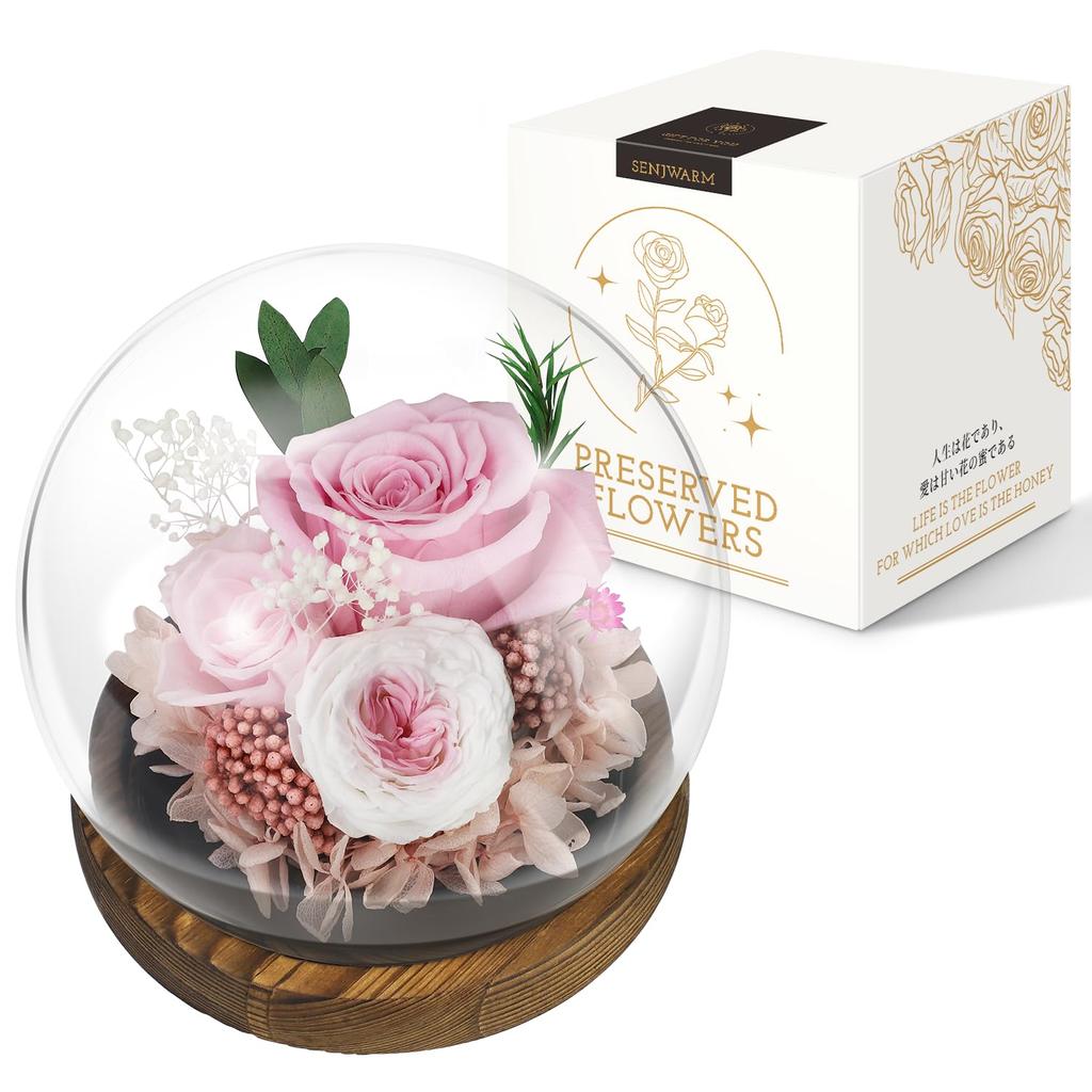 SENJWARM Preserved Flowers Birthday Gift for Women Japanese Style Glass Dome Flower Arrangement Wrapped Popular Popular Day White 60th Respect for the
