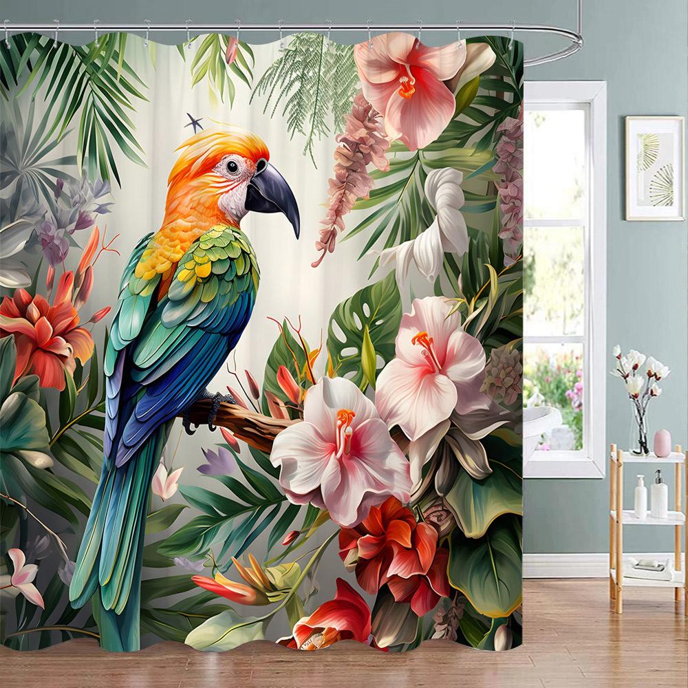 Tropical Plant Parrot Shower Curtain Watercolour Monstera Palm Leaf Birds Pink Floral Green Leaves Bathroom Curtains Home Decor