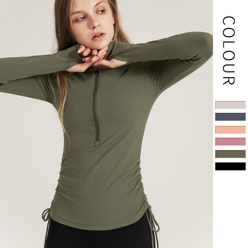 

Fashion Classy Drawstring Yoga Clothing Top Casual Slim Fit and Quick-Drying Running Zipper Sports Fitness Women s Long Sleeve Elegant Moss Green L size