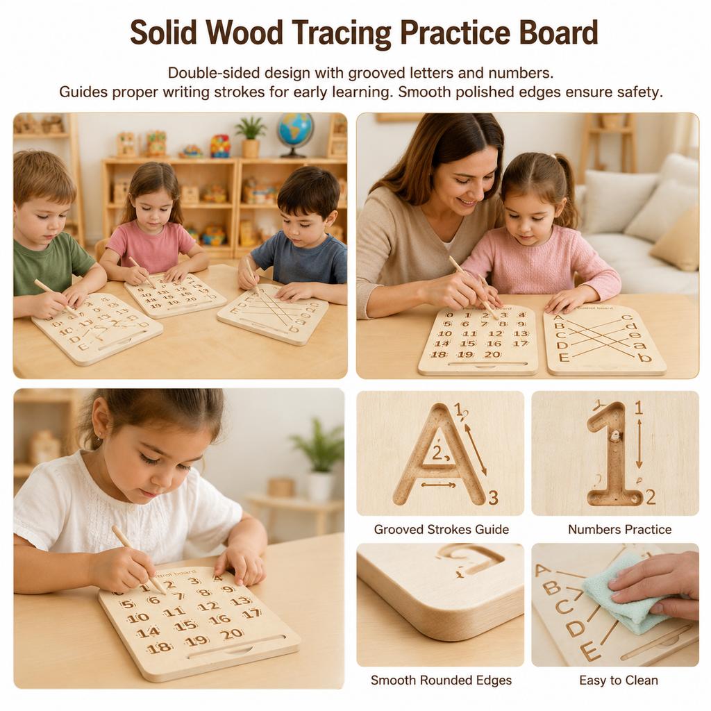 Wooden Double-Sided Alphabet & Number Tracing Board, Grooved Handwriting Practice Toy for Kids, Solid Wood Montessori Educational Toy