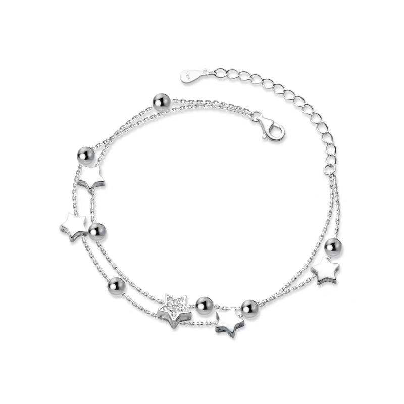 925 Silver Lucky Star Bracelet Women Retro Korean Design Double Layered Zircon Star Party Jewelry Beaded