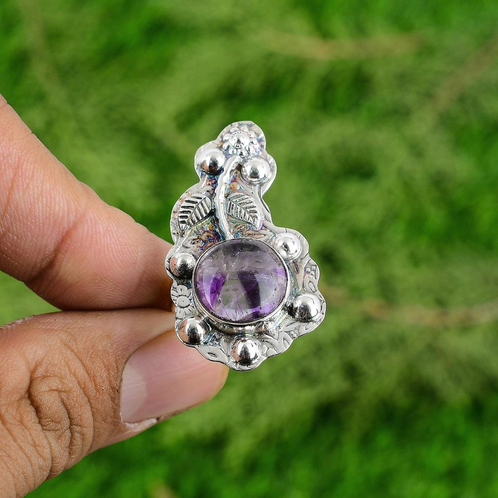 Natural Star Amethyst 925 Silver Promise Flower Adjustable Ring For Women