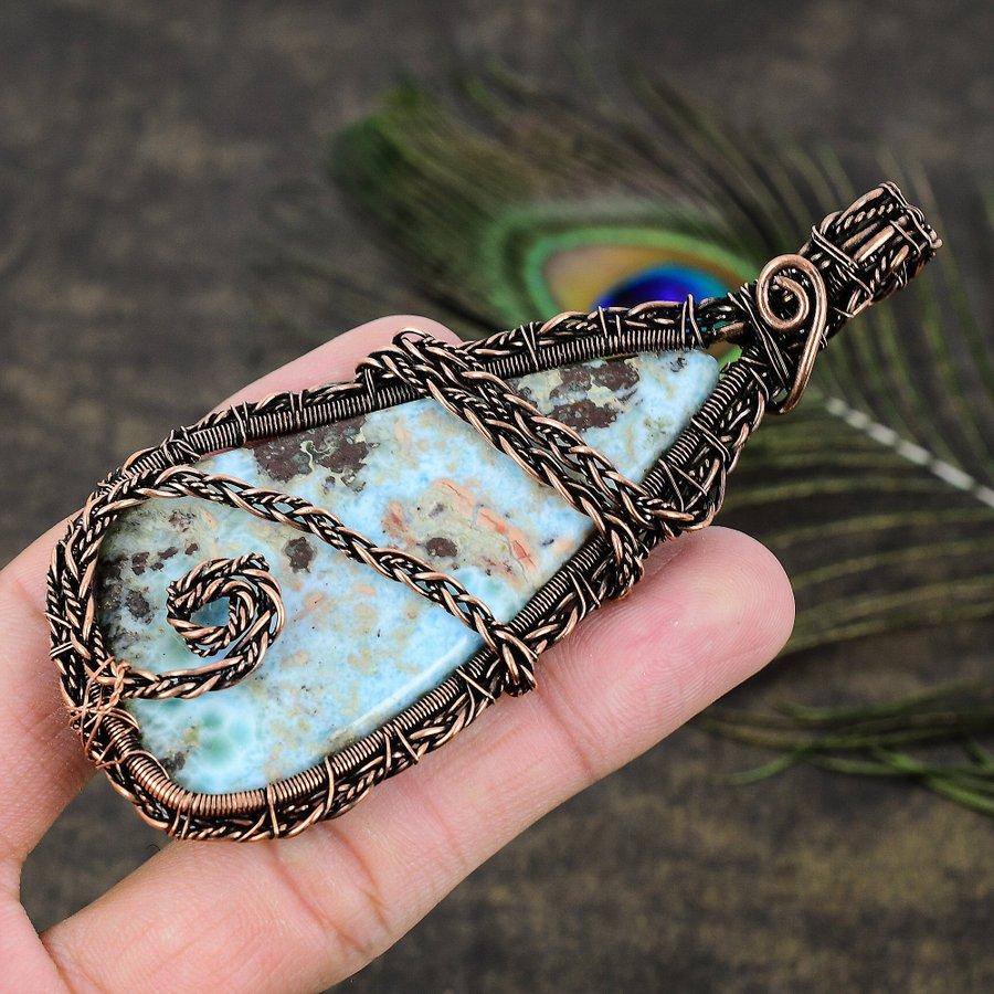 Natural Caribbean Larimar Gemstone Copper Wire Wrap Gift Pendant 4.02 H0m42
