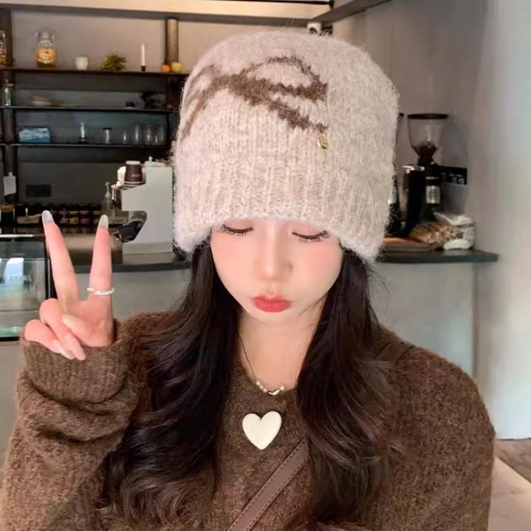 Bow Jacquard Knitted Hat Season Fashion Versatile Hat Women's Big Head Circumference Small Wool Hat