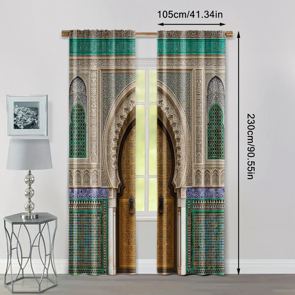 Set Of 2 Vintage Spring Summer Curtains Morocco Palace Door Print Semi Durable Polyester Fabric Decorations Curtain Light Filtering Made