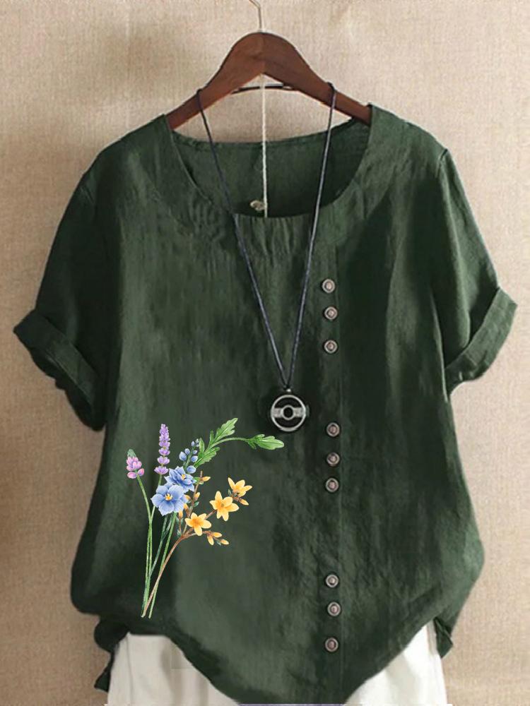 Women's Fashion Floral Print Casual Cotton Linen Short Sleeve Round Neck T-shirt Shirt Leisure Loose Summer Blouse Tops