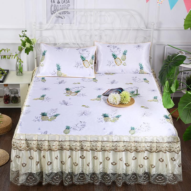 3-teilige Kühlmatte, Spitzen-Bettrock, Eismatte, moderne Bettüberwürfe, hautfreundliches Bettwäsche-Set, Stoff für Queen-Size-Betten mit Kissenbezug