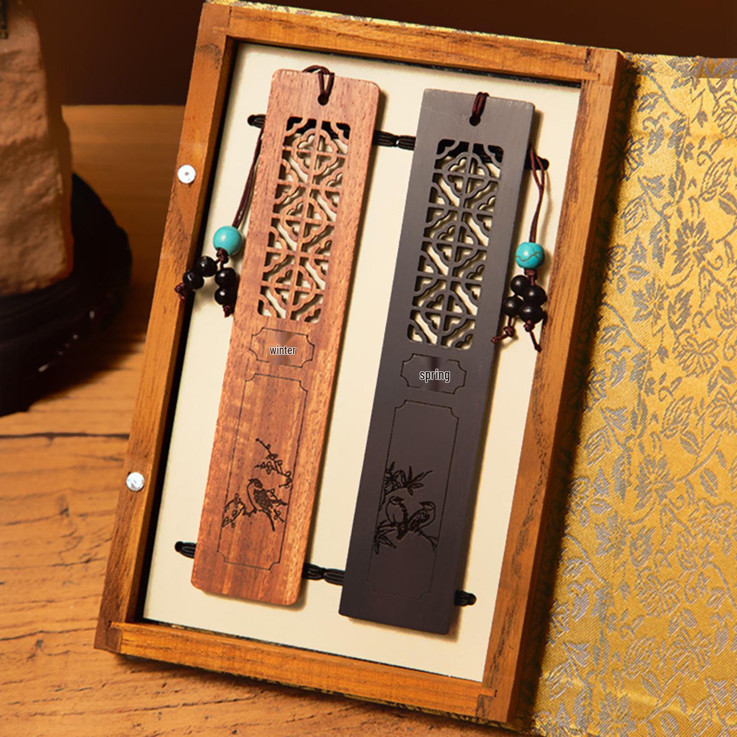 Sandalwood Red Wooden Bookmark: Engraved Plum, Orchid, Bamboo, Chrysanthemum in Elegant Chinese Style Gift Box