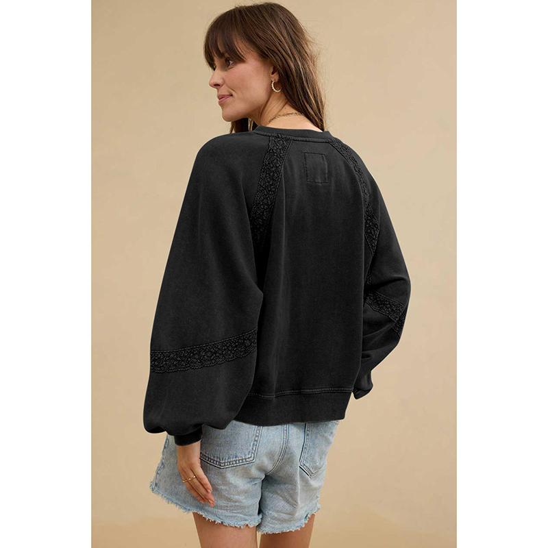 Women's Loose Long Sleeve Sweatshirt Solid Color Half Collar Lace Patchwork Casual Fashion Pullover