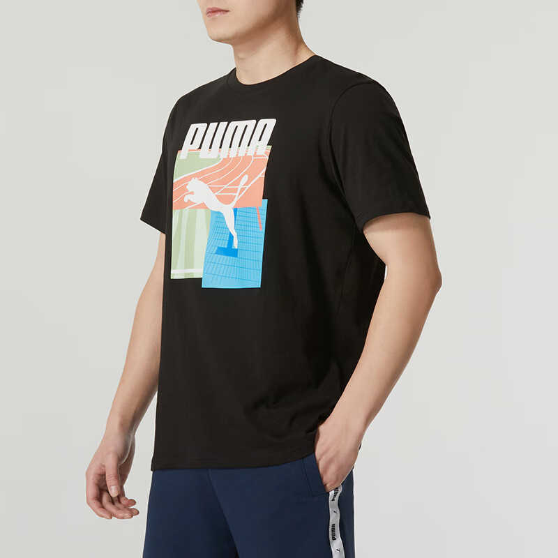 Puma Retro American Letter Print Sport Casual Crew Neck Pullover Short Sleeve T-Shirt Men Tops Black 684760-01