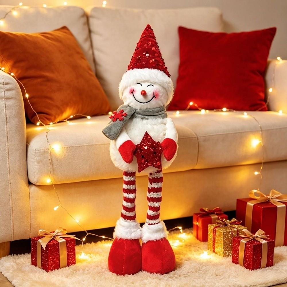 Sequined Retractable Snowman Figurine Sparkling Stretchable Christmas Standing Snowman Soft Fabric Star Christmas Snowman