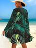 Fashionable Printed Drawstring Top Long Sleeve Mesh Cover Up And Bikinis 3 Piece Beach And Vacation Swimwear Set