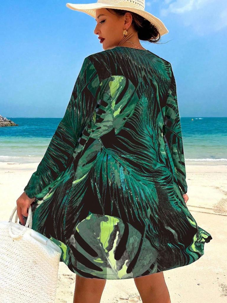 Fashionable Printed Drawstring Top Long Sleeve Mesh Cover Up And Bikinis 3 Piece Beach And Vacation Swimwear Set