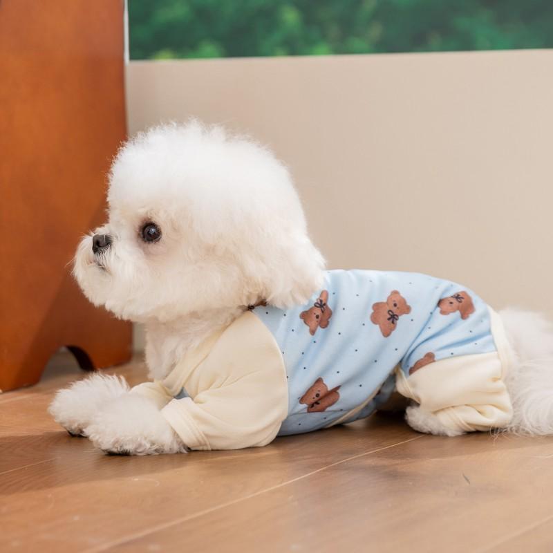 Pet Dog Four-Legged Pajama With Polka Dot Bear Print Warm Soft Fleece Belly Cover Air Conditioner Outfit