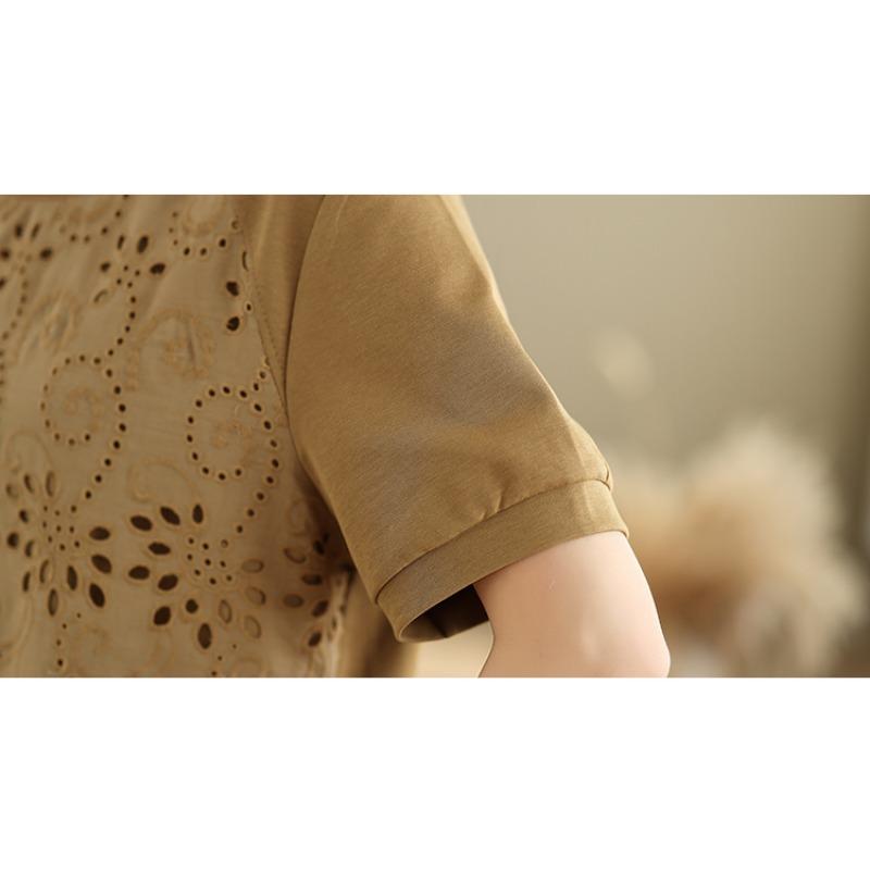 Dimanaf 2025 Summer Plus Size Tops Cotton T-Shirt Floral Hollow Women O-Neck Short Sleeve Loose Solid Tees