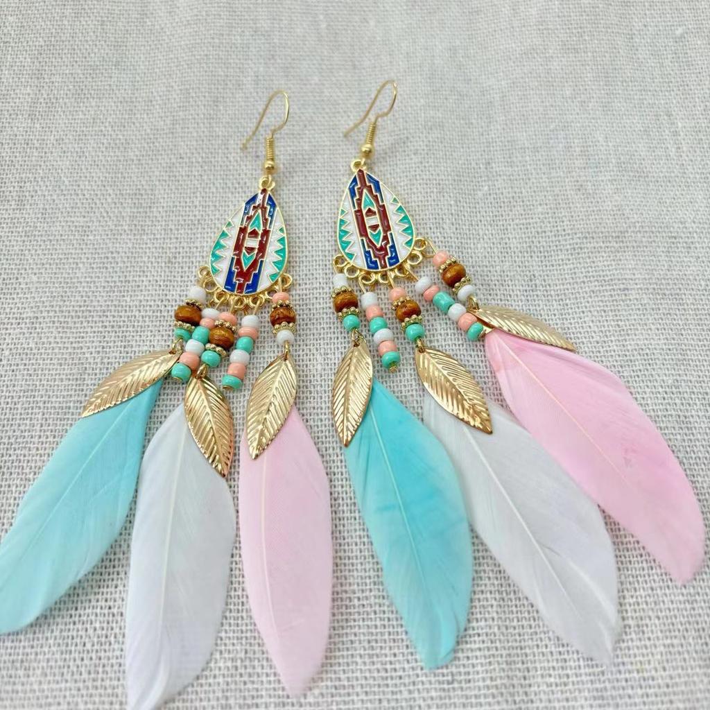 Vintage Bohemian Feather Tassel Earrings Exaggerated Ethnic Vacation Dangle Ear Jewelry Fashion Accessories For Women