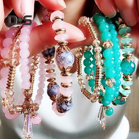 5-teiliges Damen-Armbandset mit Kunstkristallen, glatt, mit mehreren Anhängern, Schmuck im Retro-Boho-Stil mit elastischer Kordel, mehrlagiges stapelbares Armbandset