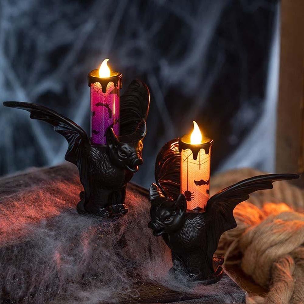 Cell Battery Operated Bat Candle Light Plastic Base Printed Pattern LED Candlestick Eco Friendly with Holder Gothic Lamp