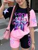Conjunto de Camiseta y Pantalones Gráficos de Dibujos Animados Kpop para Niñas Ropa de Verano para Niñas Lindo Conjunto de Manga Corta Conjunto de Camiseta y Pantalones Cortos para Niños