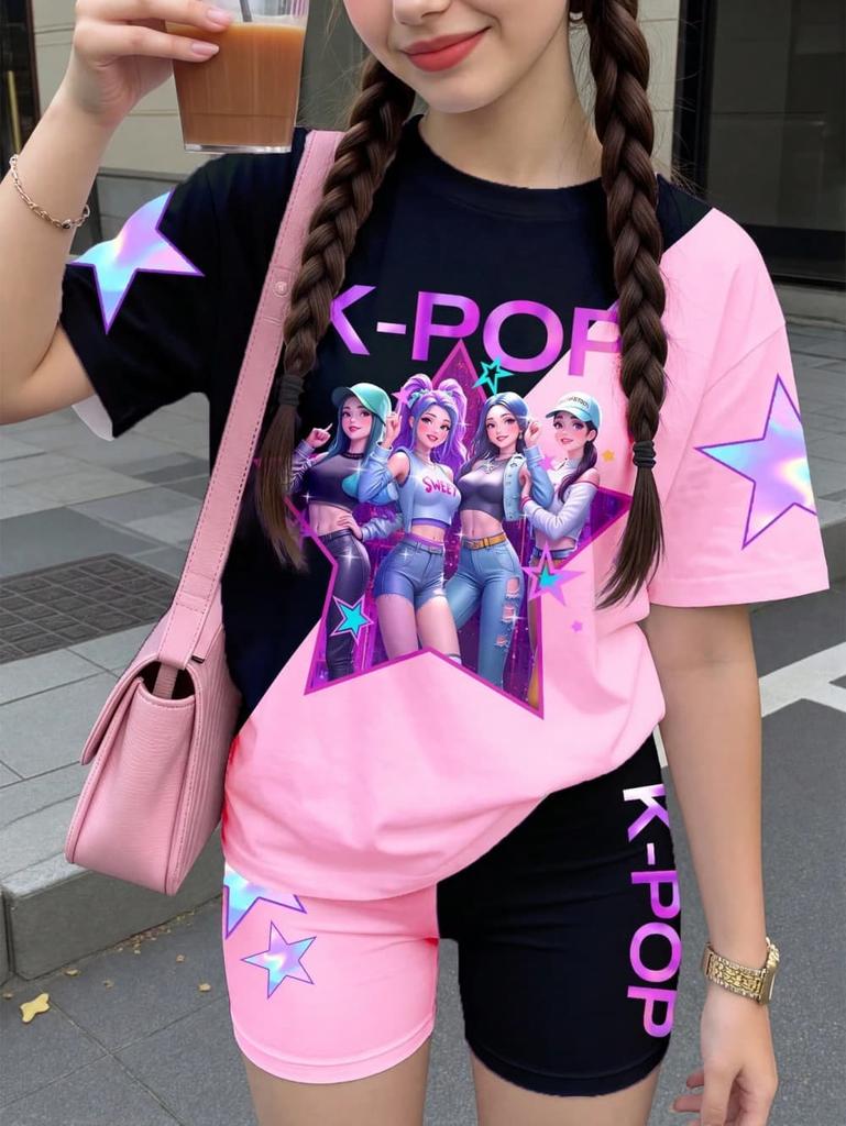 Conjunto de Camiseta y Pantalones Gráficos de Dibujos Animados Kpop para Niñas Ropa de Verano para Niñas Lindo Conjunto de Manga Corta Conjunto de Camiseta y Pantalones Cortos para Niños