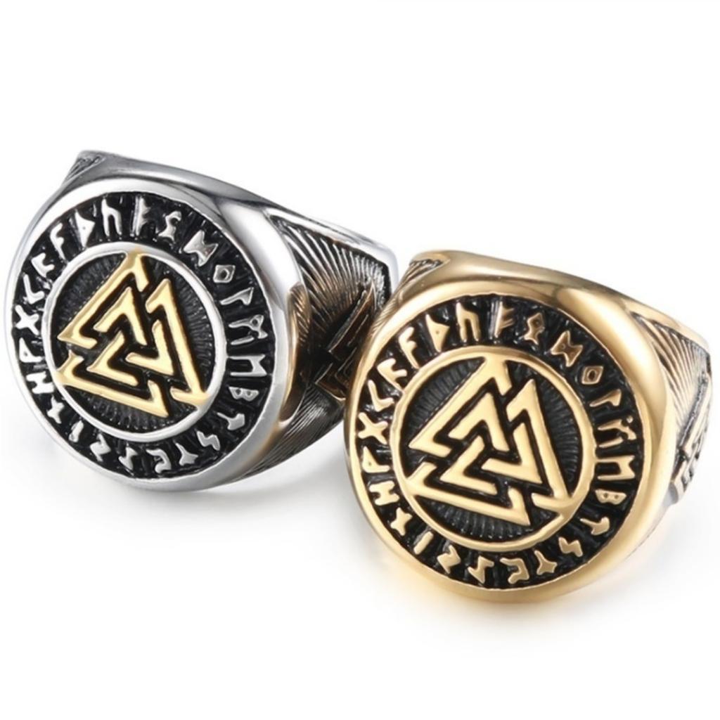 Fashion Punk Mens Gold and Silver Color Viking Stainless Steel Biker Rings Vikings Triangle Odin Nordic Jewelry Size 7-14