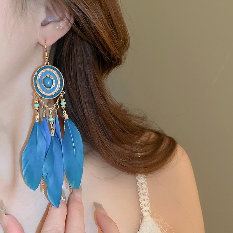 Bohemian Tassel Chain Feather Earrings for Women Unique Long Oval Drop Glaze Handmade Dangle Earring Pendiente Mujer Accessories
