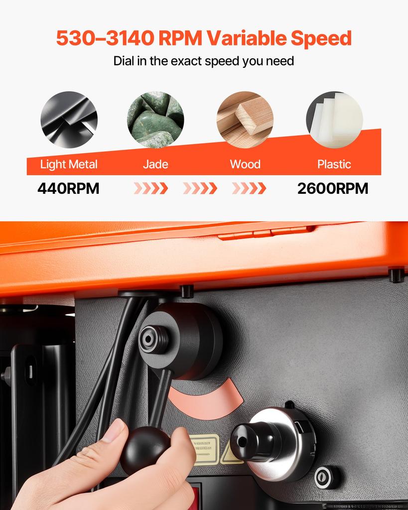 VEVOR 254 mm Benchtop Drill Press, 400W, Bench Drill Press, 440 to 2600 RPM Variable Speed, 0-45 degrees Tilting Worktable