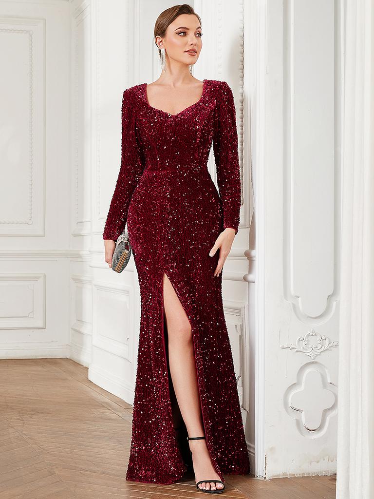Ever-Pretty Women's Shiny Long Sleeves Sweetheart Fishtail Sequin Front Slit Bodycon Evening Dresses