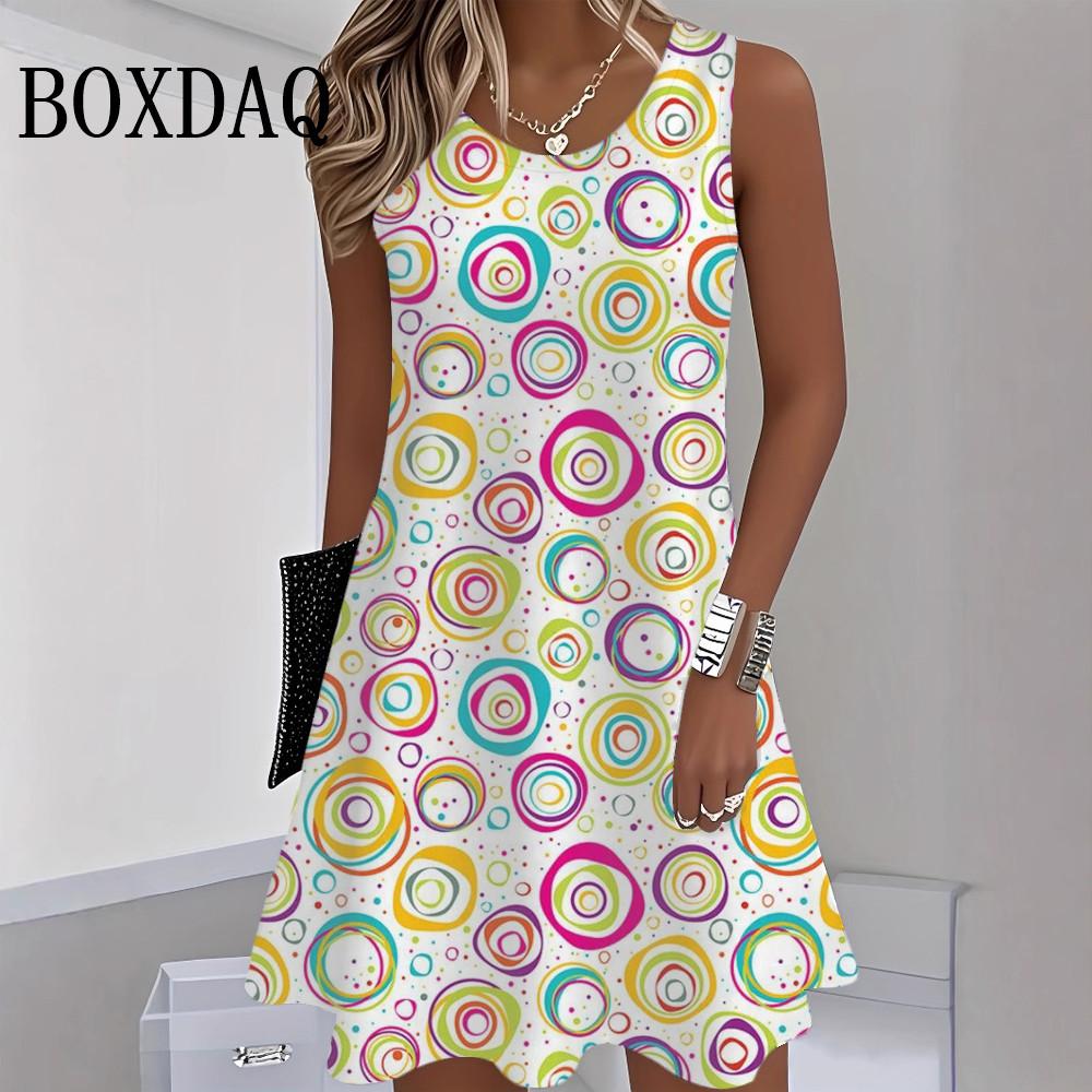 Summer Women's Tank Short Dress Loose Sundress Striped Printed Round Neck Dress Casual Fashion Beach Sleeveless Dresses