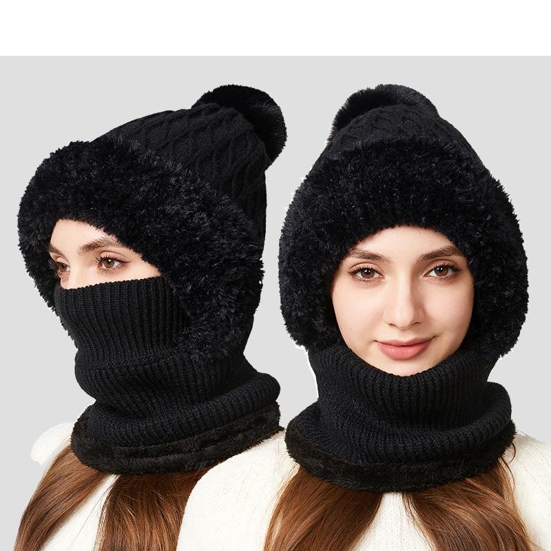 Knitted Hat Thick Velvet Mask Scarf All-in-one Hat   Winter Warm Hat for Women