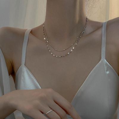 925 Sterling Silver Double Layer Cross Star Necklace Female Shiny Clavicle Chain