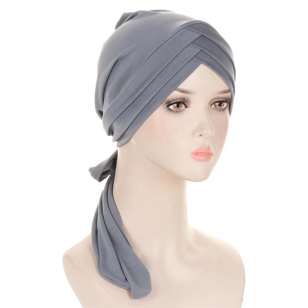 New Muslim Inner Hijab Turban Women Pre-Tied Cap Long Tail Headscarf Wrap Beanies Bonnet Head Scarf Stretch Headwear Ninja Hat
