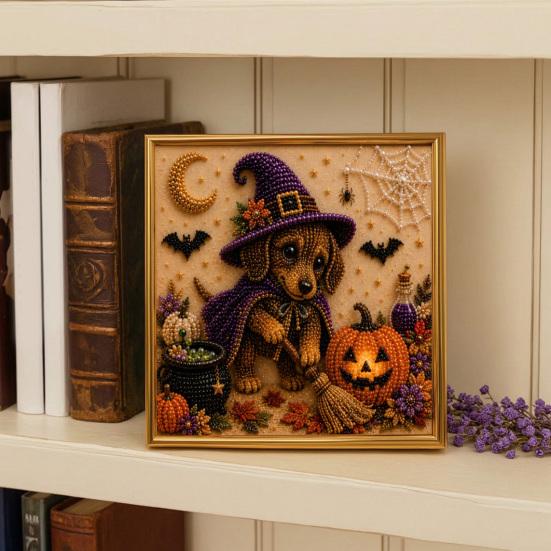 Seasonal Home Decor Projects Halloween Faux Pearl Painting Kit, Puppy Art DIY Witch Stress Relieving Hobbies Hat Bead Craft Kit for Adults And Teens,