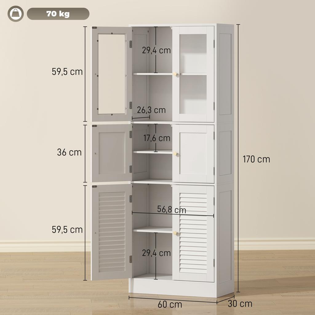 Tall Bathroom Cabinet, 6 Doors, 2 Glass, 2 Louvered, Adjustable Shelf, White