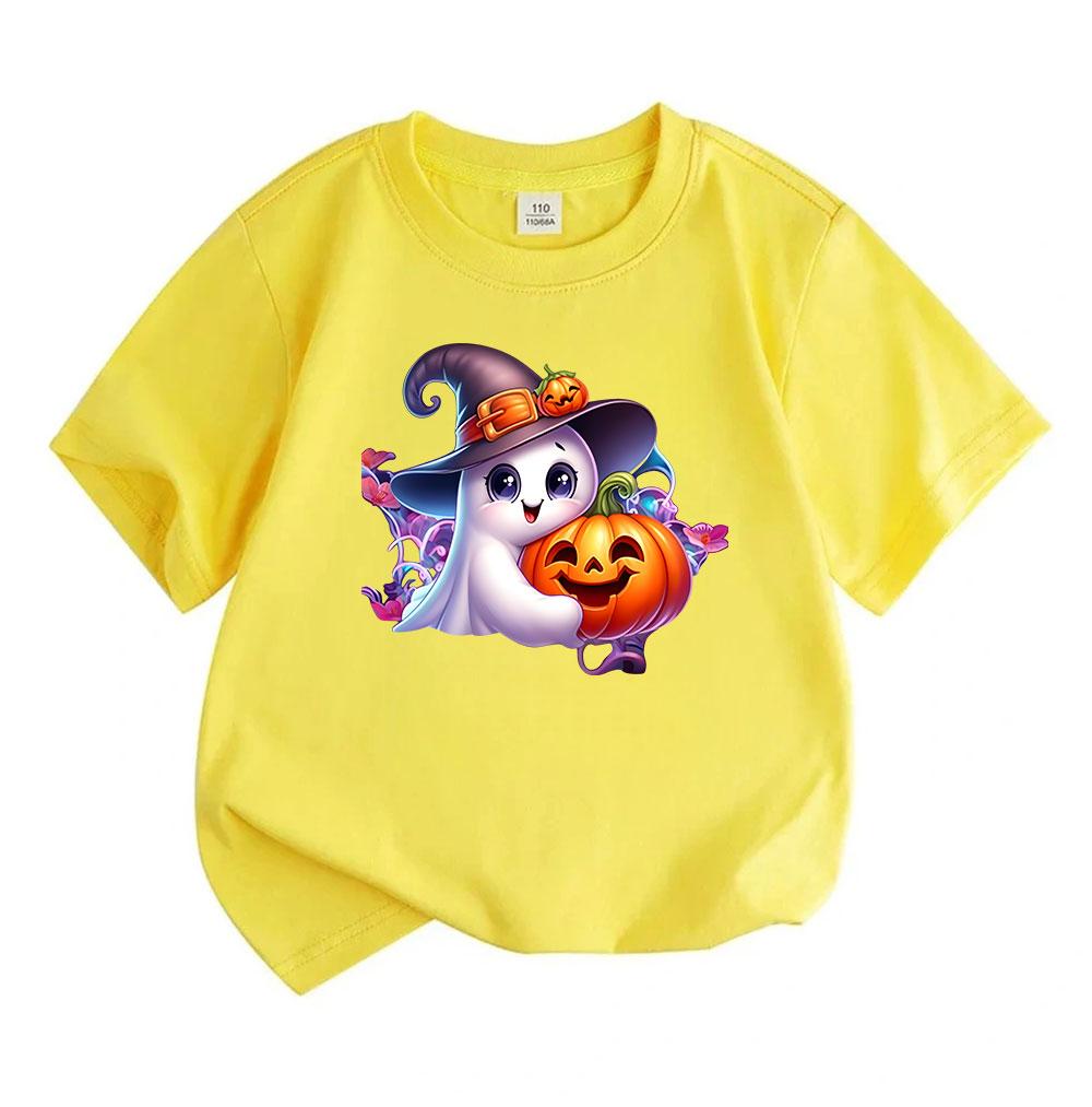 Kids Boys Girls 100% Cotton Crew Neck Short Sleeve T-Shirt, Cute Ghost Witch Hat Hug Smiling Pumpkin Print Casual Halloween Tee for Children