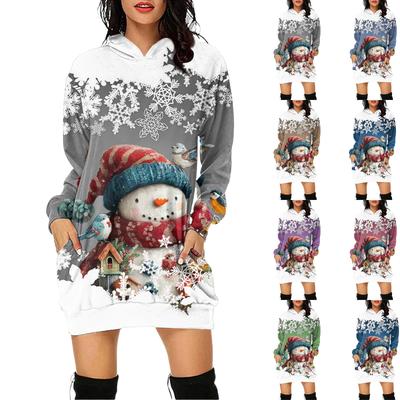 Robe pull à capuche à manches longues et imprimé de Noël pour femme avec poche