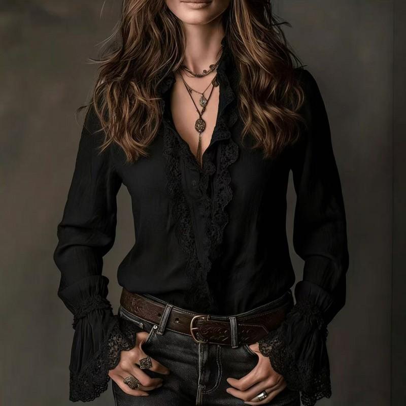 Womens French Style Lace Patchwork Shirt Long Sleeve Loose Fit Elegant Top