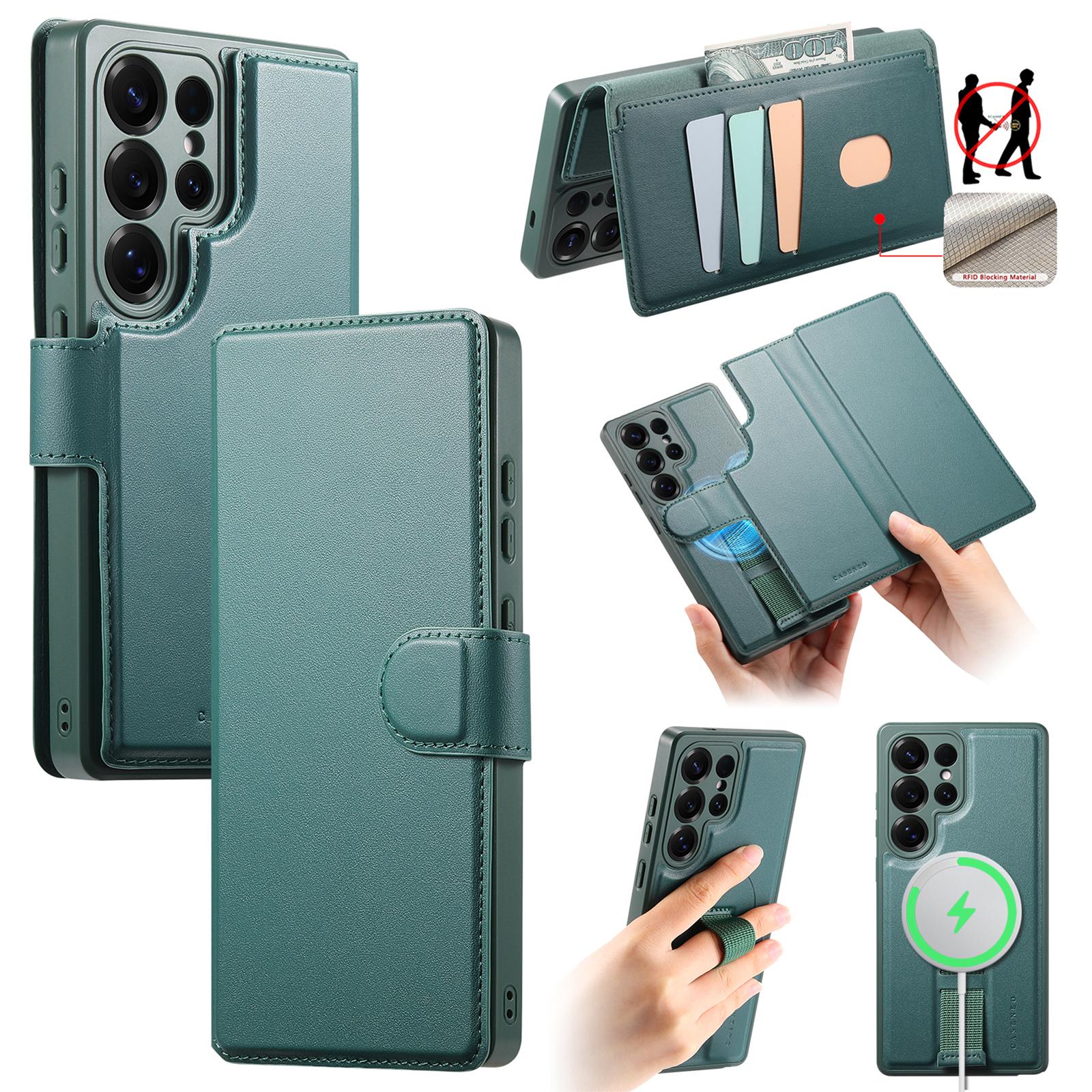 

CASENEO MW-07 For Samsung Galaxy S25 Ultra Magnetic Case RFID Blocking Wallet Stand Leather Phone Cover with Wristband Green