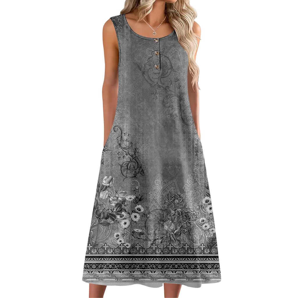 Women's Fashion Casual Sleeveless Button Floral Print Dress with Pocket