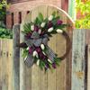 Tulip Wreath for Front Door Spring Artificial Tulip Rattan Wreath with Green Leaves And Plaid Bow for Farmhouse Wall Window Easter Home Decor
