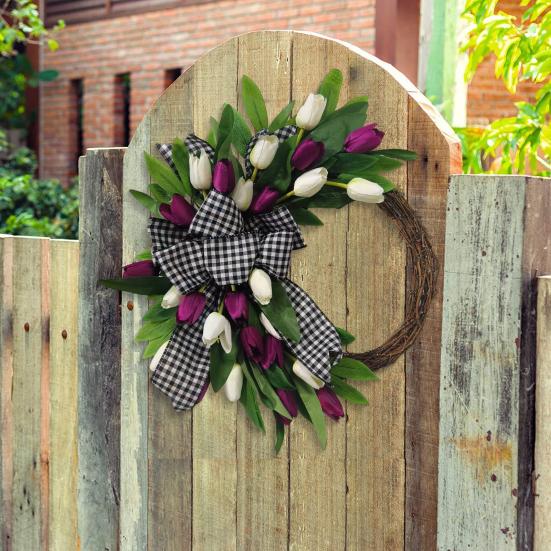 Tulip Wreath for Front Door Spring Artificial Tulip Rattan Wreath with Green Leaves And Plaid Bow for Farmhouse Wall Window Easter Home Decor