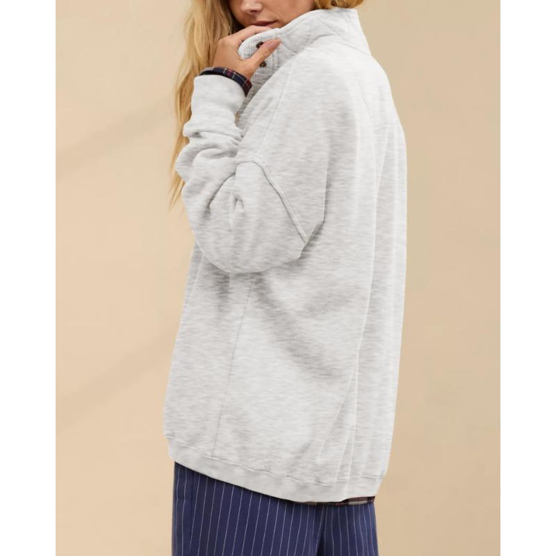 Womens Loose Half Button Collar Long Sleeve Casual Sweatshirt