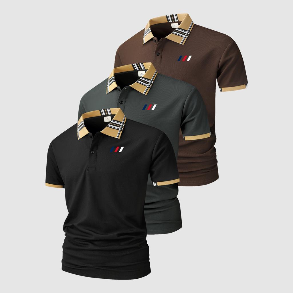 Sportliches 3-teiliges Set für Herren - Kurzarm-Polohemd mit karierten Bündchen und Kragen, zweiknöpfiges Revers, feuchtigkeitsableitend, perfekt für den täglichen Freizeitlook