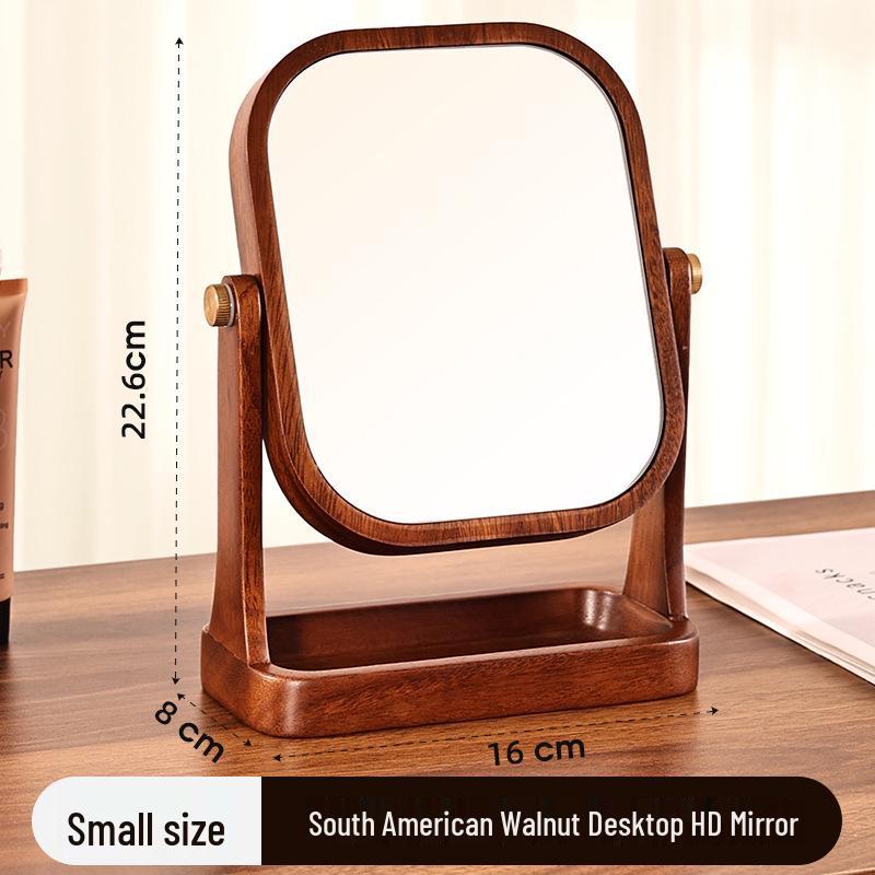 Walnut Rounded Corner Makeup Mirror with 360° Rotation and Storage Tray