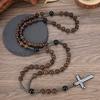 European and American Unisex Cross Pendant Necklace Ball Obsidian Tiger Eye Round Bead Long Chain Hematite Cross Rosary Bead