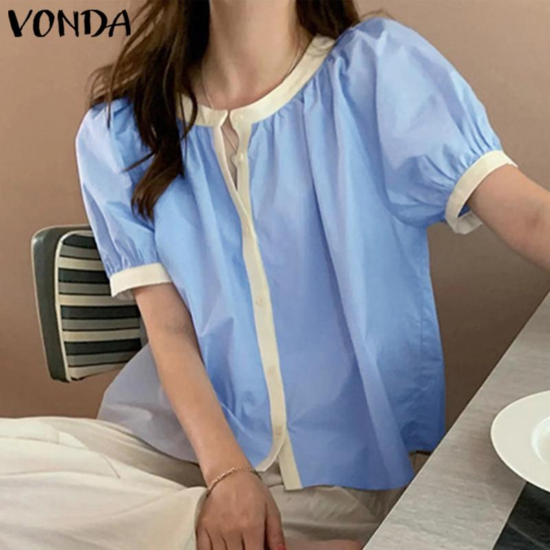 

VONDA Women s Summer Round Neck Puff Short Sleeve Button Contrast Color Loose Blouse