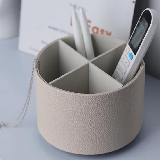 Rotating Pencil Holder Round Pen Organizer Slots Multifunctional Desk with 4 Faux Leather Accessories Organizer