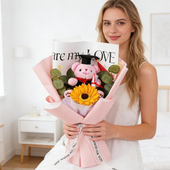 Studentgosedjurshjärte Virkad Solrosbukett Handstickad Garn Konstgjord Blomma med Studentgosedjur Dekoration Studentfest Presenter